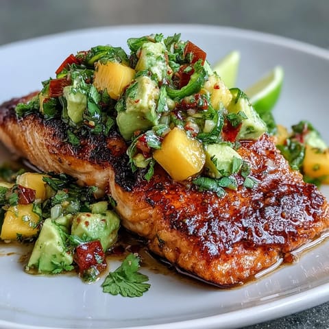 Baked salmon with mango avocado salsa, golden and flaky, served with vibrant tropical fruit topping.  
