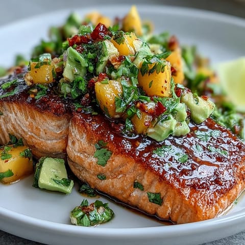 Freshly baked salmon fillet topped with zesty mango avocado salsa, a colorful and healthy summer dinner.  