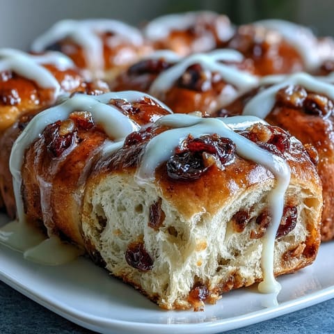 Soft spiced buns with currants and a glossy orange glaze, perfect for a festive Easter brunch.  