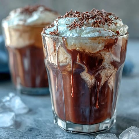 Velvety chocolate cream swirls atop a chilled cold brew coffee, offering a decadent and refreshing treat.