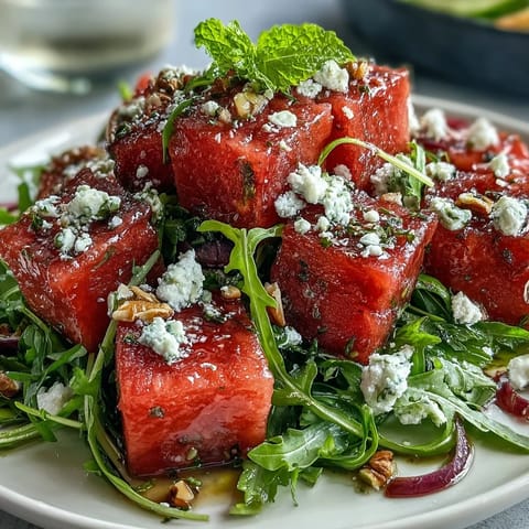 Vibrant watermelon and arugula salad with creamy feta, fresh mint, and zesty lime dressing in a white bowl.