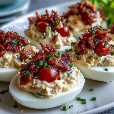 BLT Deviled Eggs with crispy bacon crumbles and fresh lettuce, perfect for party platters.