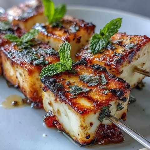 Golden halloumi cheese cubes alternate with sweet watermelon and fresh mint on colorful summer skewers, grilled to perfection.  