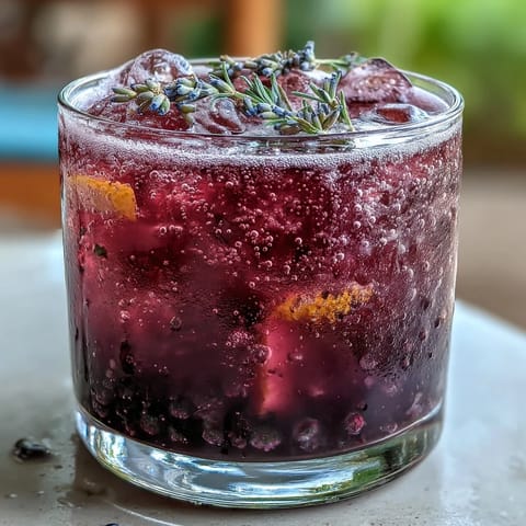 A sparkling blackberry lavender lemonade fizz with vibrant purple hue, served over ice with fresh berries and lemon slices.  