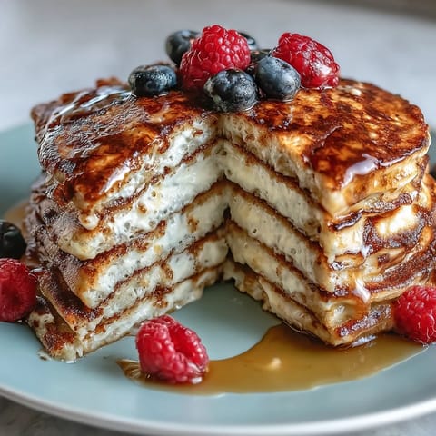 Golden Icelandic skyr pancakes stacked high, topped with berries and syrup.