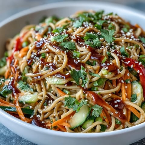 Vibrant cold soba noodle salad with crisp vegetables and zesty sesame ginger dressing.