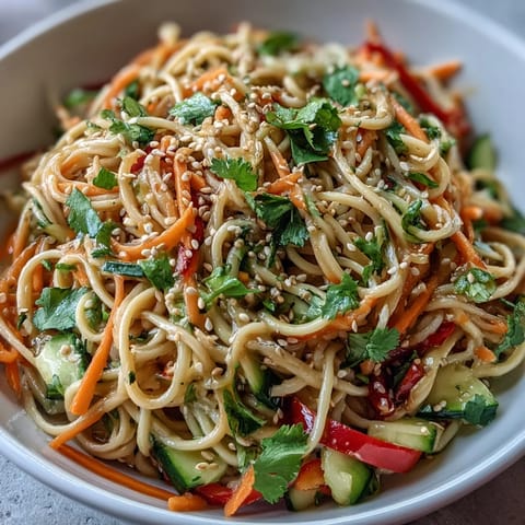 Chilled soba noodle salad, glistening with homemade sesame ginger dressing, ready for lunch.