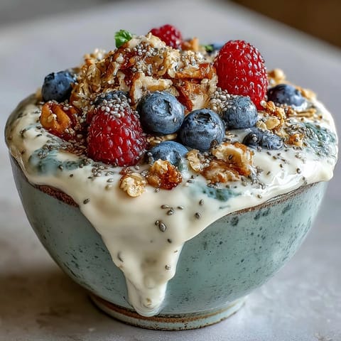 Thick skyr protein smoothie bowl topped with vibrant berries and crunchy granola.