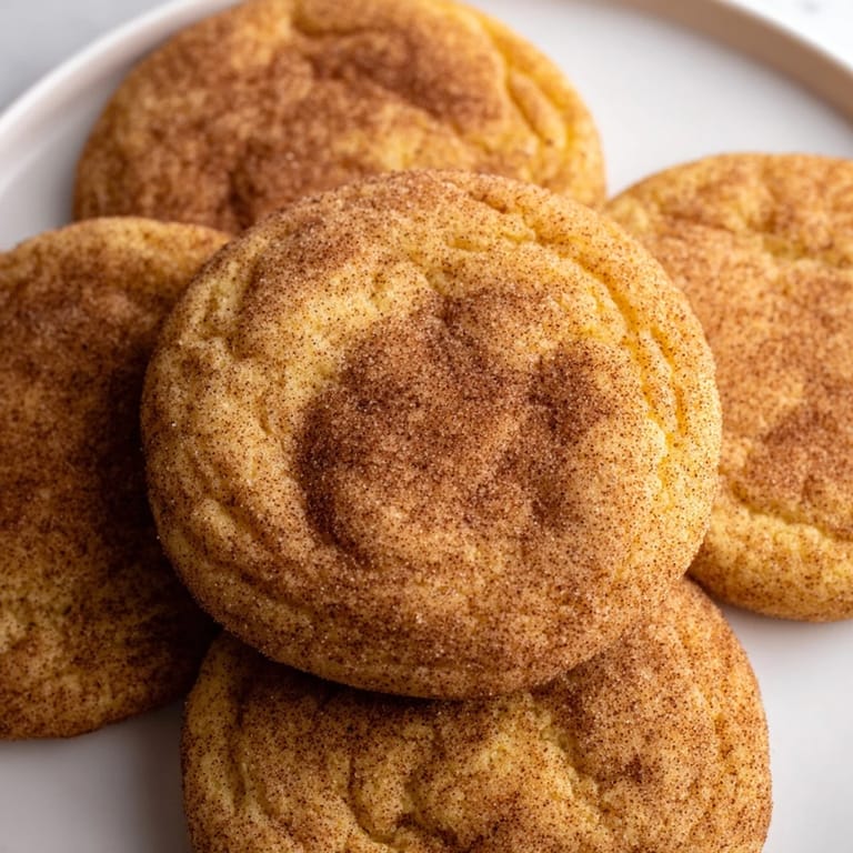 A close-up of a stack of golden brown snickerdoodles, ready to be enjoyed with a cold glass of milk.