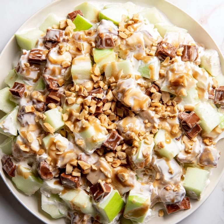 Imagine a bowl of sweet Snickers Salad, full of vanilla pudding, perfect for your next potluck!