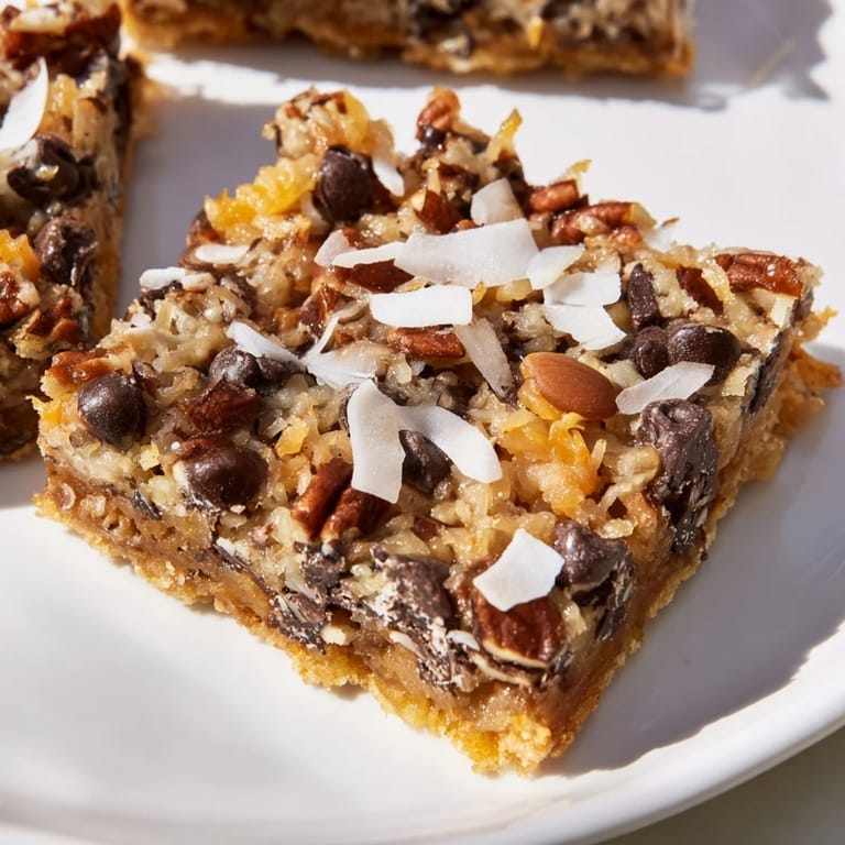 Indulgent American dessert: freshly baked Magic Cookie Bars, offering a satisfying bite of sweet goodness.