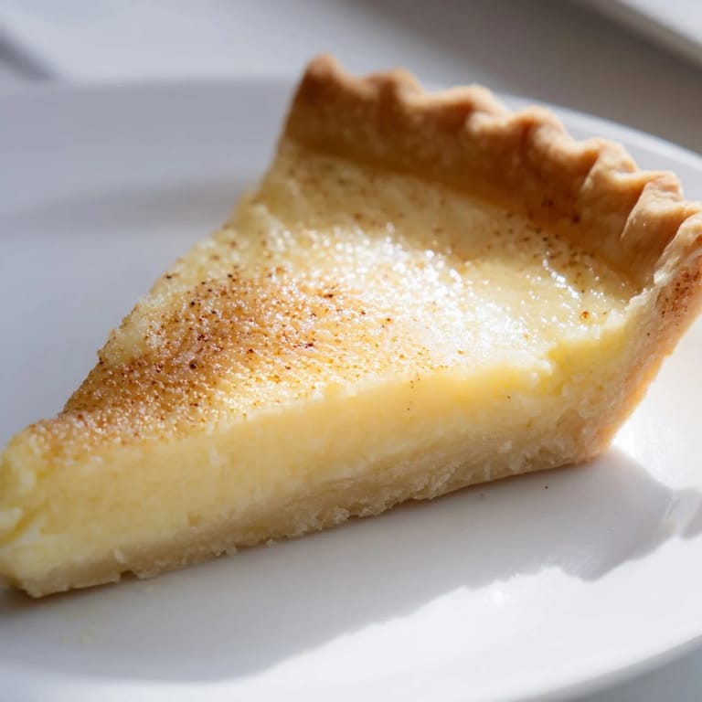 Slice of delicious Buttermilk Pie, showcasing its jiggly custard texture and flaky pie crust.