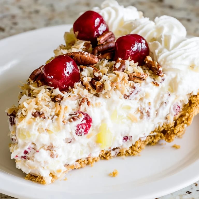 Refreshing, no-bake Millionaire Pie, featuring a graham cracker crust and a sweet, fruity center.
