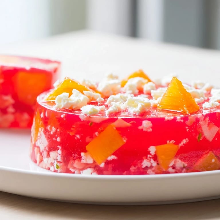 Refreshing, molded Jell-O Salad showcasing sweet mandarin oranges and carrots, a colorful chilled treat.