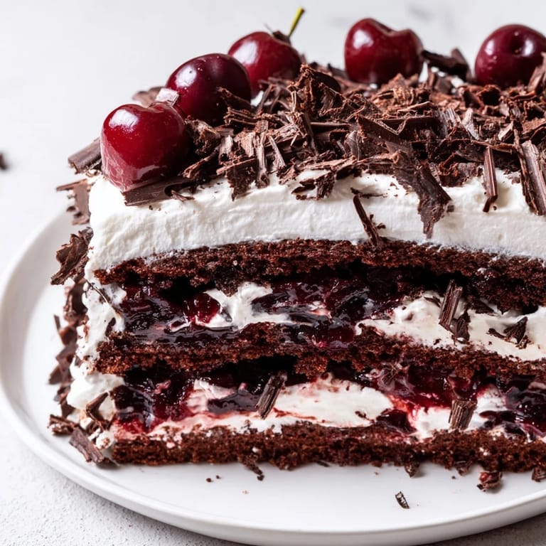 Generous chocolate shavings crown this stunning Black Forest Cake, promising a bite of German dessert.