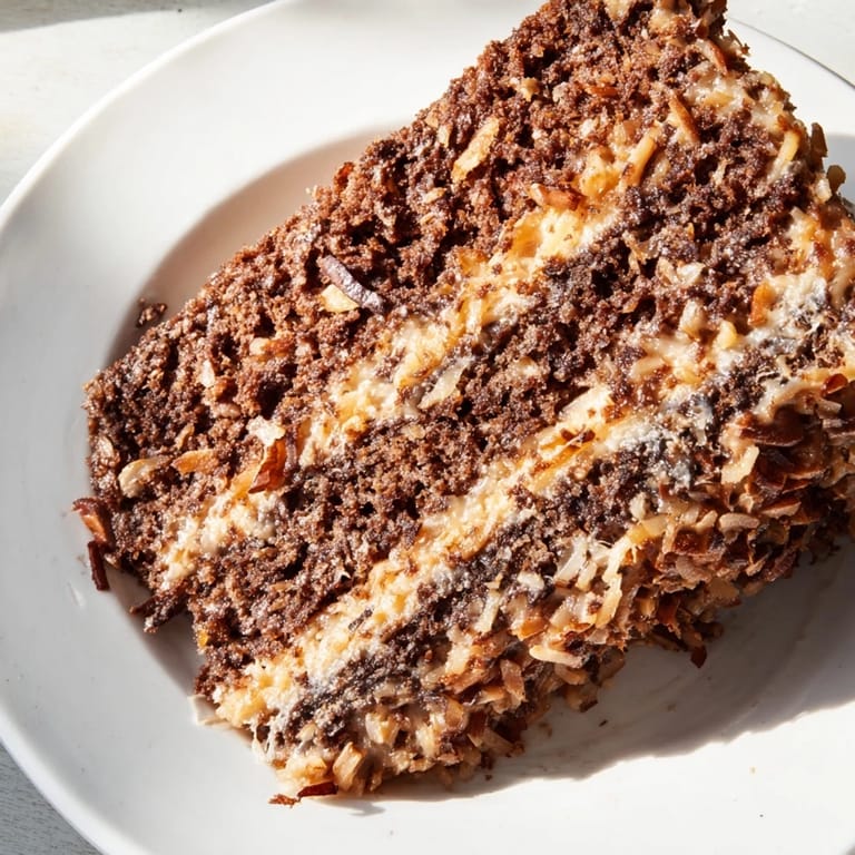 Close-up of a frosted German chocolate cake, showing the rich chocolate layers, and the sweet, nutty topping.