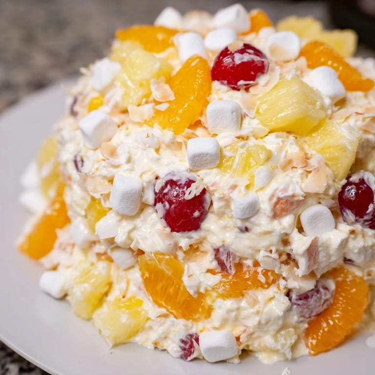 A classic Ambrosia Salad, showcasing vibrant mandarin oranges and sweet marshmallows in a bowl.