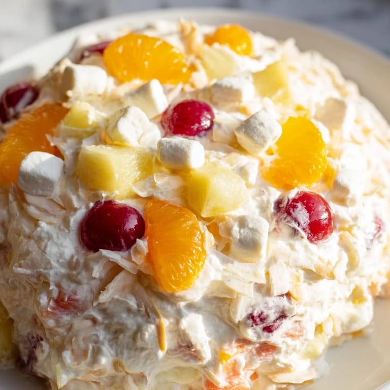 Chilled Ambrosia Salad, a perfect dessert, with creamy base mixed with fruit and coconut flakes.