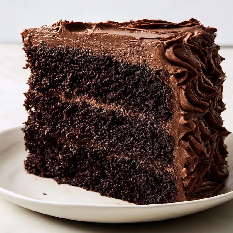 Close up shot of fresh Devils Food Cake, its intense chocolate flavor a perfect dessert.