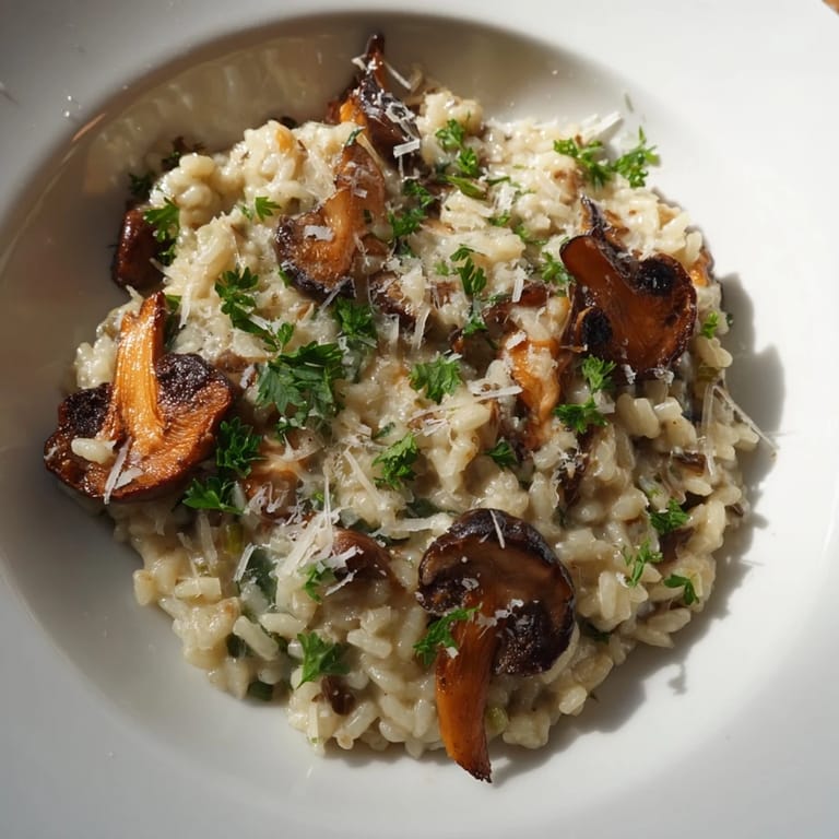 A hearty serving of roasted mushroom risotto features tender arborio rice, caramelized thyme mushrooms, and a generous dusting of Parmesan cheese.