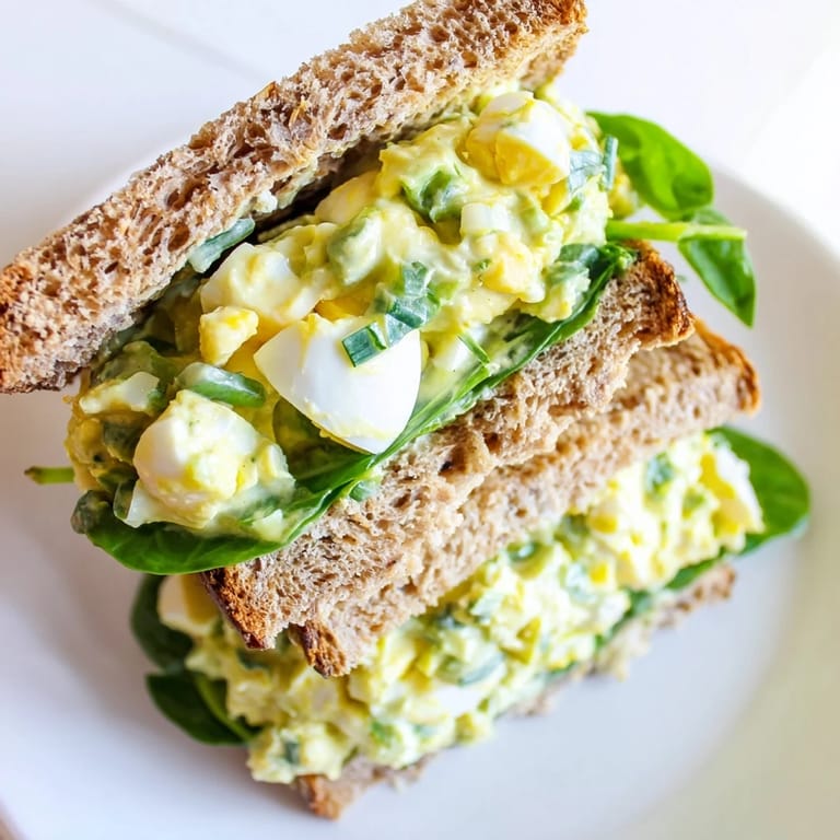 A close-up view reveals the chunky texture of the Avocado Egg Salad Sandwich, highlighting diced eggs, bright chives, and juicy tomato slices peeking out from the crusty bread.