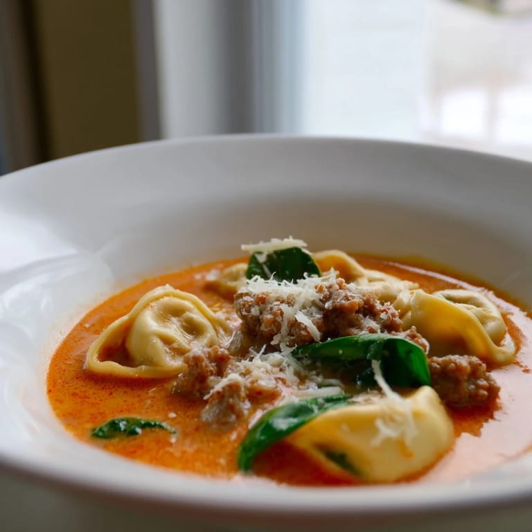 Family-style Tuscan Tortellini Soup served with crusty bread and Parmesan, perfect for a cozy Italian-inspired weeknight dinner.