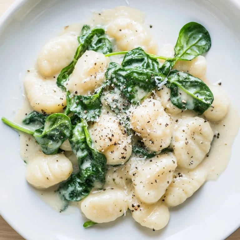 A close-up of creamy garlic gnocchi topped with grated Parmesan, revealing the velvety sauce clinging to each fluffy bite.