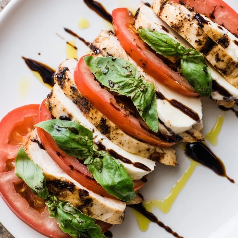 Healthy chicken Caprese salad with ripe tomatoes, creamy mozzarella, fresh basil, and a tangy balsamic glaze.