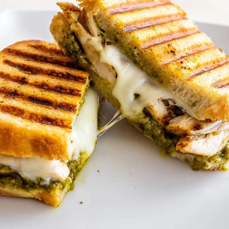 Warm Italian-style Chicken Pesto Panini served on a white plate with tomato slices and a drizzle of balsamic glaze.