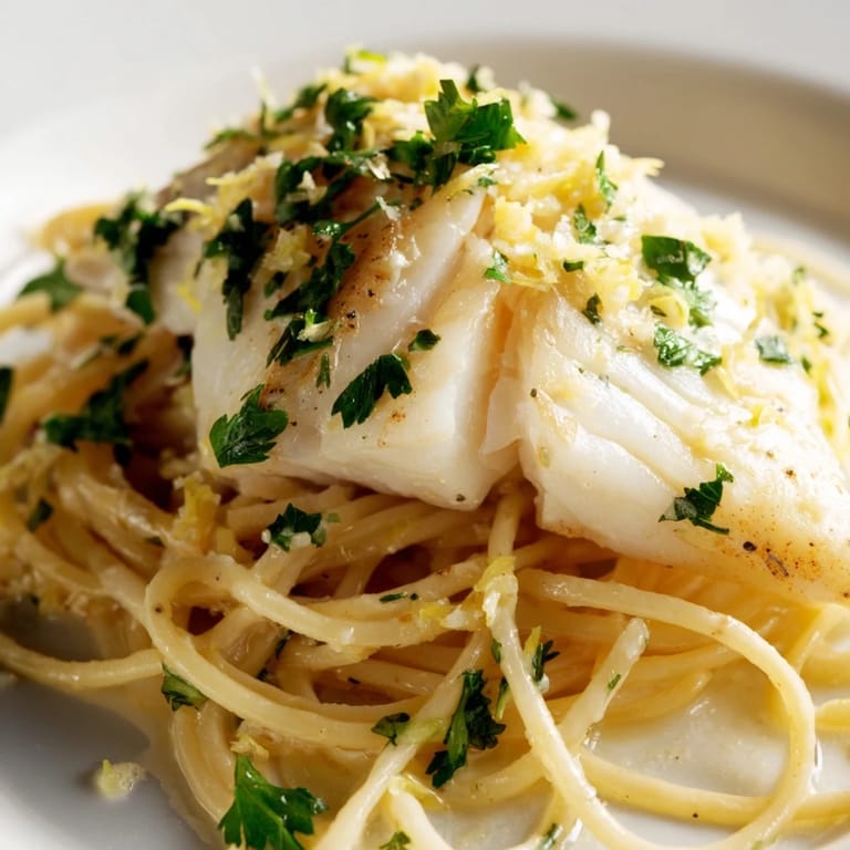 Zesty Lemon Bass Pasta garnished with lemon wedges and Parmesan, served hot on a white plate.
