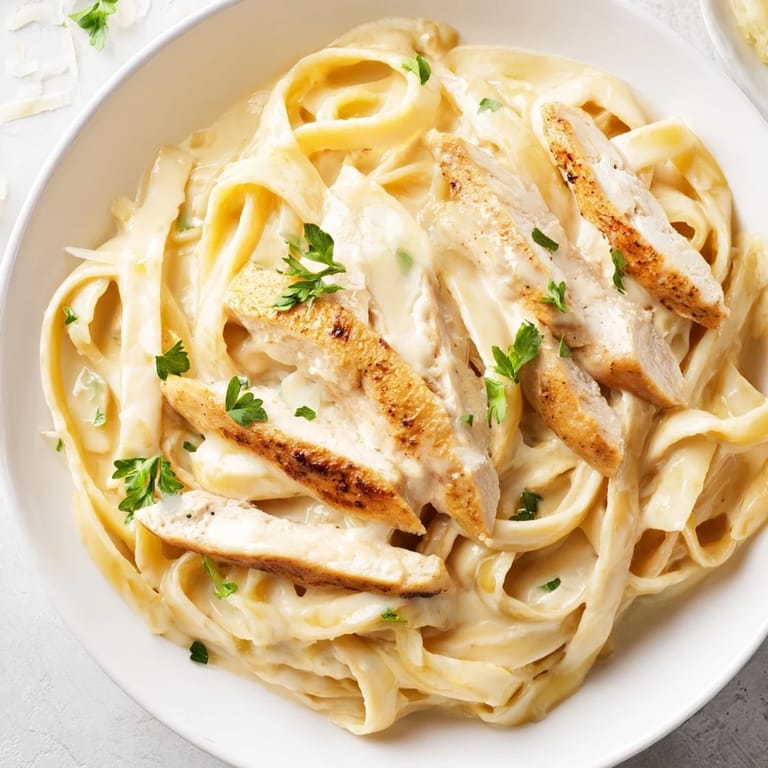 Spicy Cajun chicken Alfredo served hot with extra Parmesan, showcasing golden-brown sear marks on the succulent chicken.