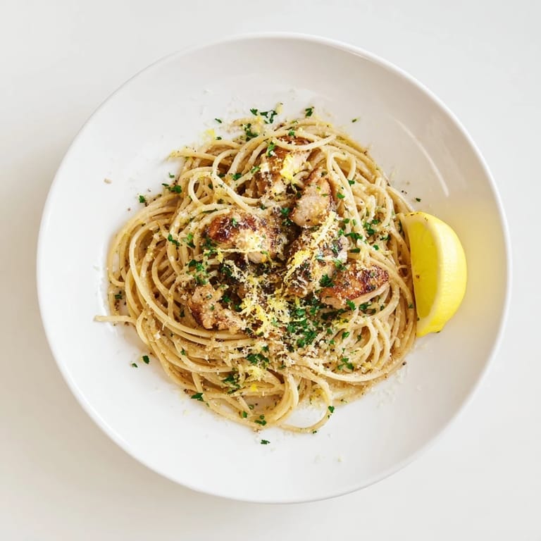 Close-up of a fork lifting cheesy, saucy Brown Butter Lemon Chicken Pasta, steam rising from the nutty brown butter, with lemon wedges on the side.