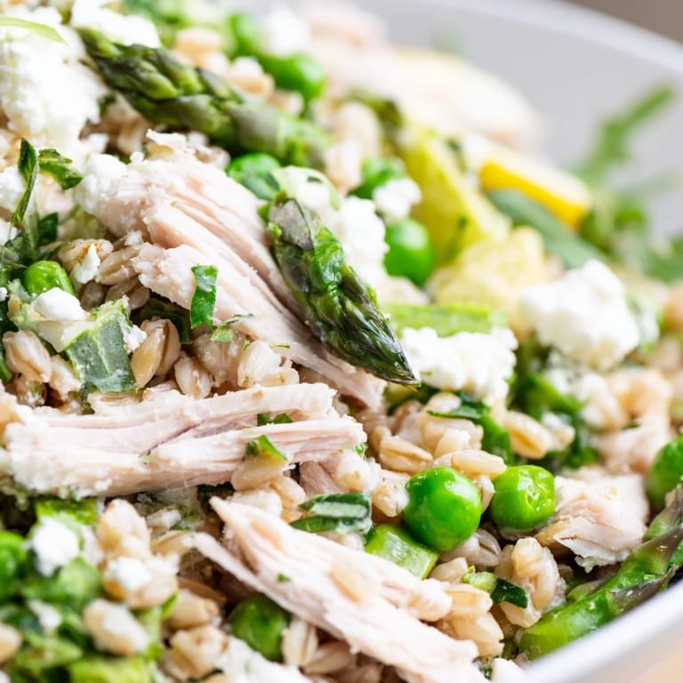 Close-up of Warm Spring Farro Chicken Salad with juicy chicken pieces, wholesome farro, fresh spring vegetables, and a shimmering lemon vinaigrette.