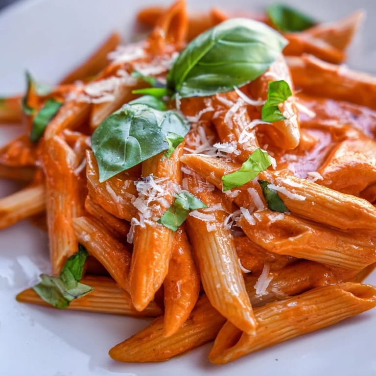 Creamy Roasted Red Pepper Pasta paired with a crisp salad and white wine on a rustic table.
