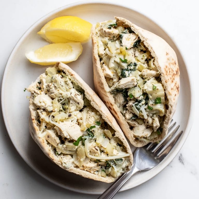 Sizzling Spinach Artichoke Chicken Stuffed Pita served with lemon wedges and a crisp side salad for a light meal.