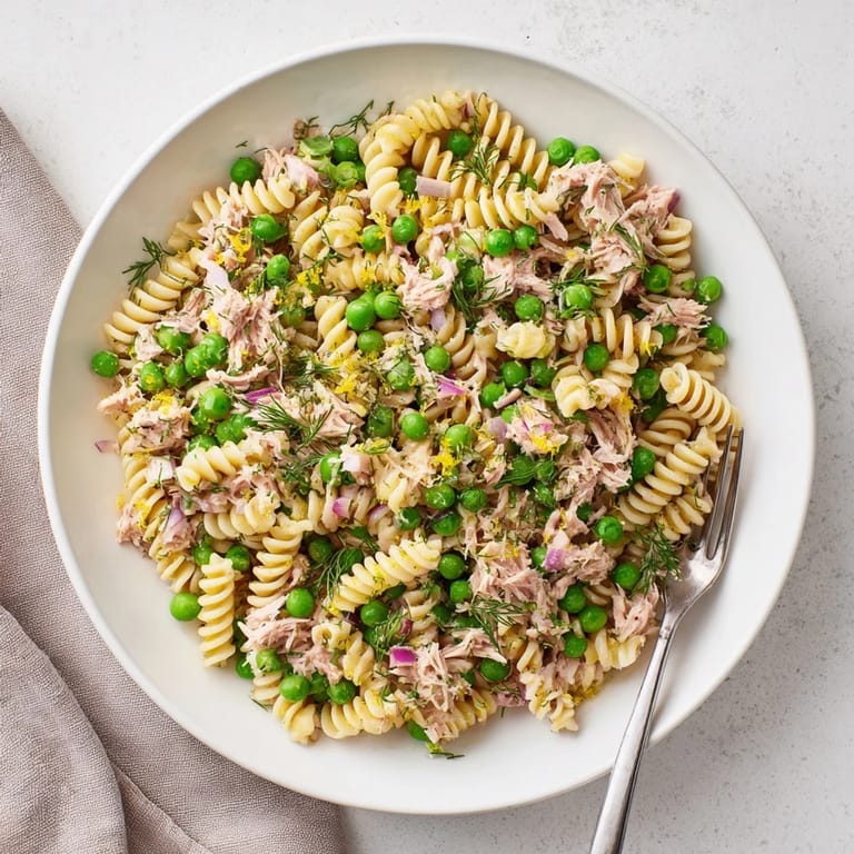 A refreshing Lemony Tuna Pasta Salad served chilled, featuring bright lemon juice, tender tuna, and fresh dill, ideal for a sunny picnic lunch or easy meal prep.