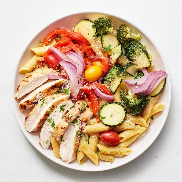 Savory Garlic Herb Chicken & Veg Pasta is served hot with a sprinkle of Parmesan and fresh parsley garnish.