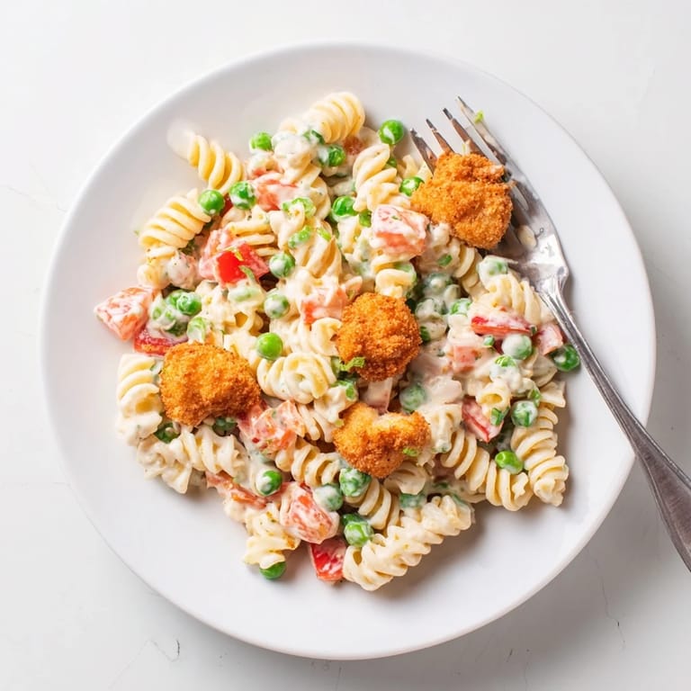 Crispy chicken ranch pasta salad tossed with red bell pepper and green onions, served chilled on a picnic blanket.