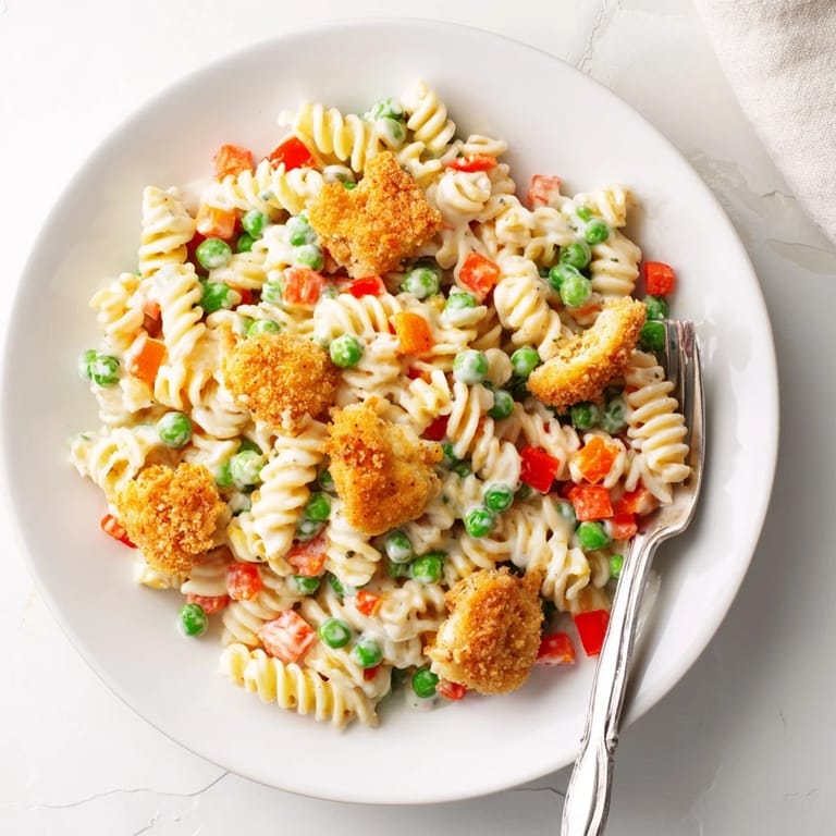 Crispy chicken ranch pasta salad features crunchy panko chicken on creamy ranch pasta with fresh dill and parsley.