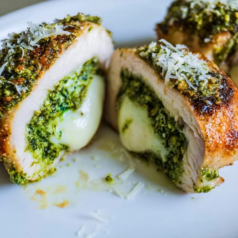 Fragrant Italian Mozzarella & Pesto Stuffed Chicken baking in the dish, topped with golden Parmesan and fresh herbs.