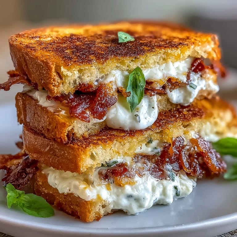 Close-up of a melty crispy prosciutto and burrata grilled cheese sandwich, ready to eat.