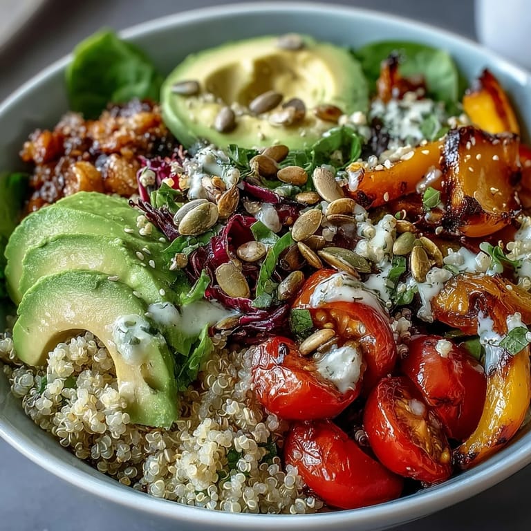 A freshly assembled Rainbow Buddha Bowl With Quinoa featuring chickpeas, crunchy seeds, and vibrant vegetables for a nutritious meal.
