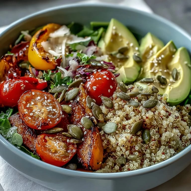 Close-up of a healthy Rainbow Buddha Bowl With Quinoa, drizzled with lemon-tahini dressing and garnished with avocado slices.