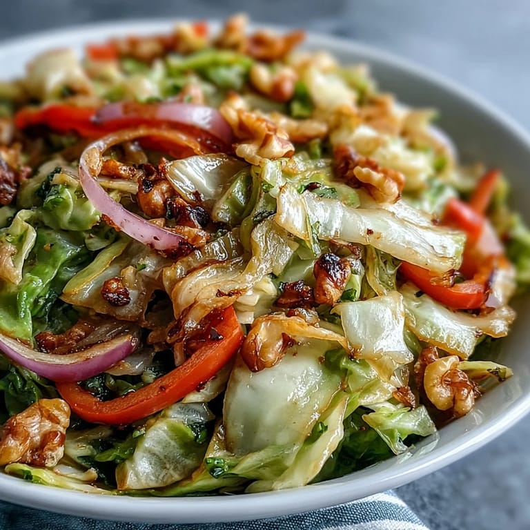 Freshly tossed Cooked and Loved Cabbage Salad with bright red bell peppers and herbs, served in a rustic white bowl.