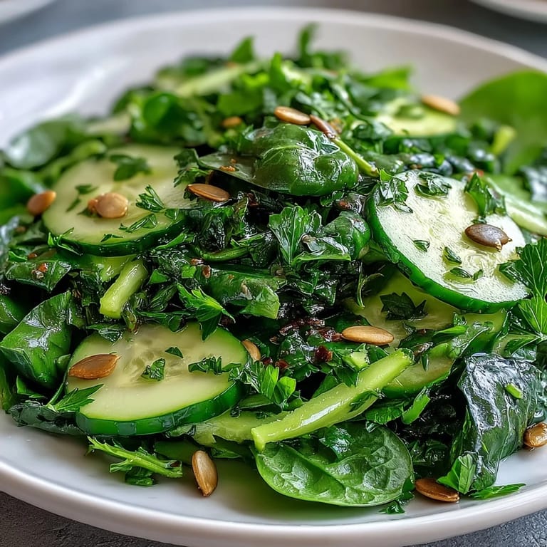 Refreshing vegan Glowing Green Salad, tossed with olive oil vinaigrette, perfect alongside grilled fish or chicken for a healthy meal.