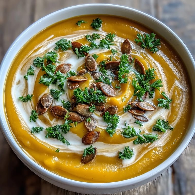 Golden roasted butternut squash puréed with carrots and aromatic spices, creating a smooth, comforting soup in a rustic bowl, ready to serve.