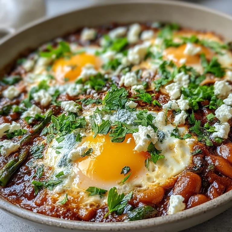 Spring-inspired Pea and Broad Bean Shakshuka featuring asparagus, peas, and broad beans in tomato sauce with crumbled feta and lemon wedges.  