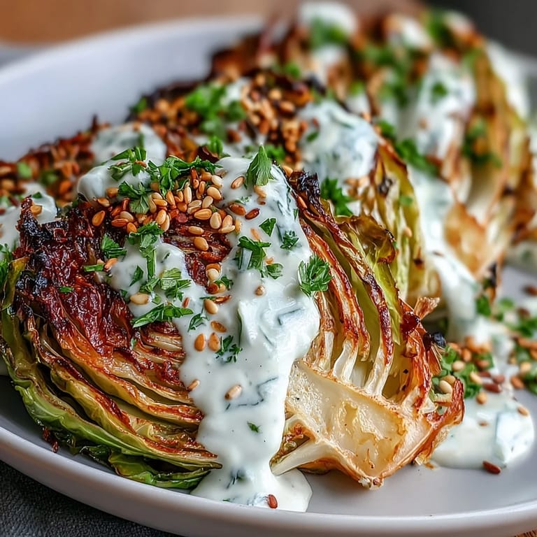 A close-up of tender roasted cabbage wedges coated in olive oil, finished with a creamy lemon-garlic tahini drizzle and sesame seeds.