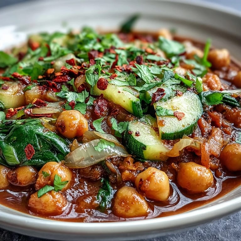 Hearty plant-based Spicy Chickpea Stew served in a rustic bowl, perfect for a cozy Mediterranean-inspired dinner.