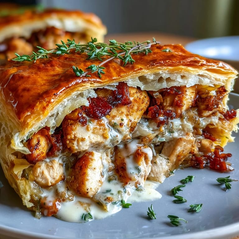 Sliced golden chicken and leek pie shows the rich, creamy filling and flaky crust.